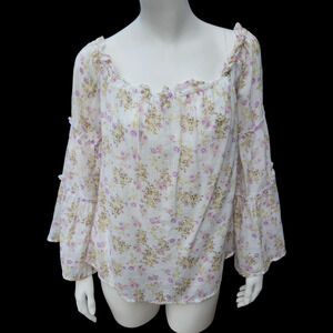 Rue21 Purple Ivory Floral Blouse Size Large Off-The-Shoulder Bell Sleeves Lined